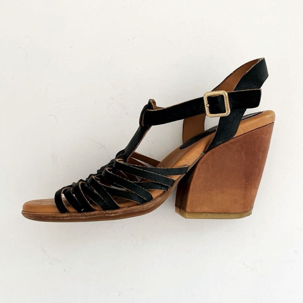 Kork-Ease Black & Brow Leather Block Heel Sandals sz 8 Coastal Vacation Casual